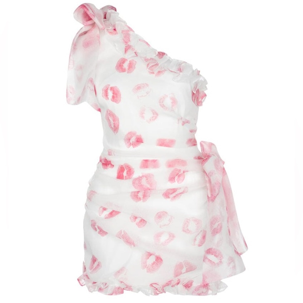 Selkie White One-Shoulder Mini Dress with Pink Lip Print